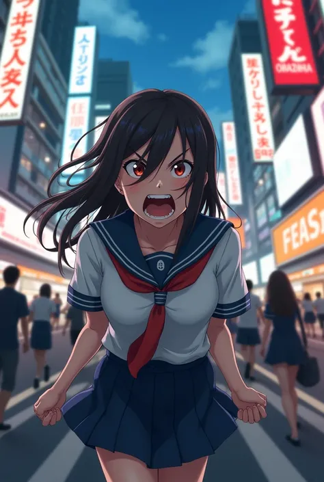 Japan,high school girl,uniform,Akihabara,looking at the camera,anger,Screaming with wide open mouth,