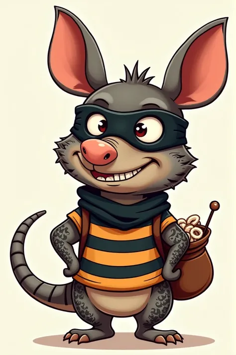 Can you create a logo for me of a cartoon armadillo wearing a thief&#39;s clothes with tattoos?