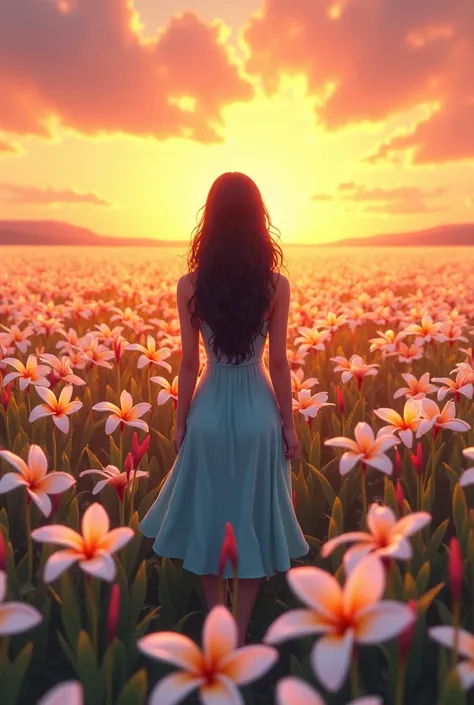  vast plumeria field flowers during sunset, a lady with long black and wavy hair wearing baby blue dress