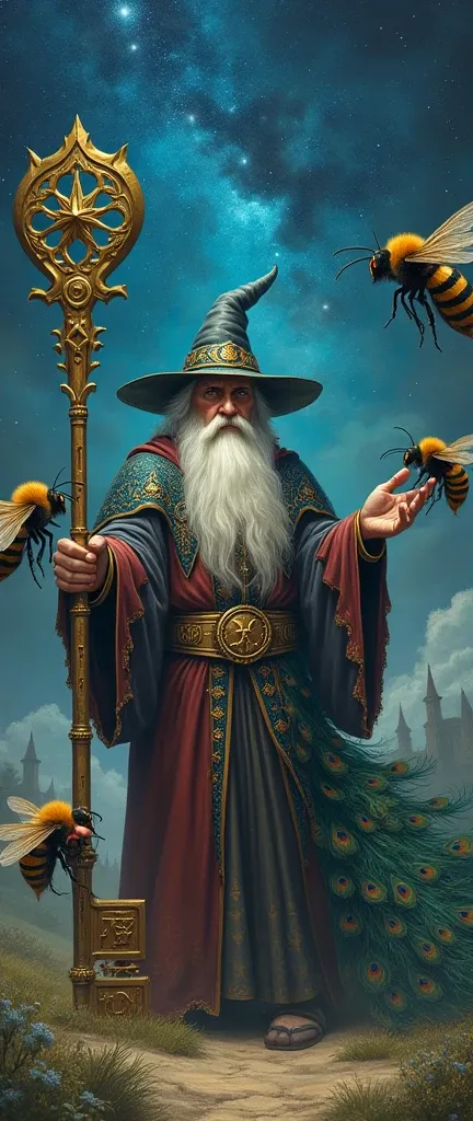 A wizard with a very big key, along with big bees,  next to a beautiful and large peacock. and stars