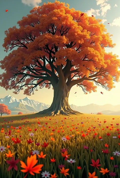 A large tree stands out in the middle of a meadow in a warm autumn atmosphere. Leaves are scattered all over the area.