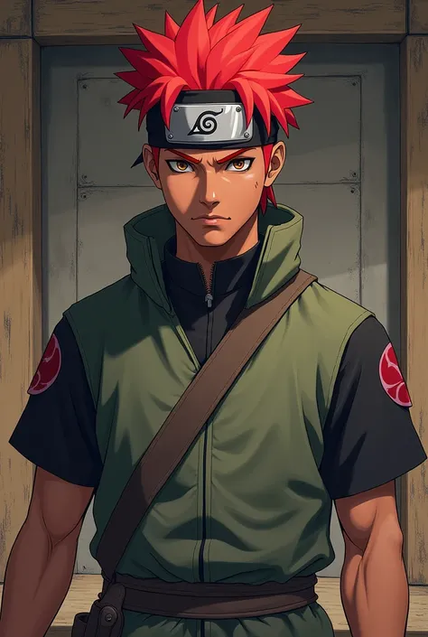 muscular build, {{upper body}}, ((shinobi clothing)), {{blacksmith)}, ((Konoha Headband)), complementary colors, ((short hair)), ((red hair)),  ((serious expression)), ((very dark skin)), 1boy, beautifully drawn, high resolution illustration, best quality,...