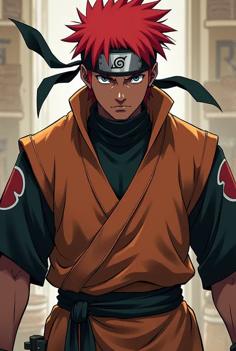 muscular build, {{upper body}}, ((shinobi clothing)), {{blacksmith)}, ((Konoha Headband)), complementary colors, ((short hair)), ((red hair)),  ((serious expression)), ((very dark skin)), 1boy, beautifully drawn, high resolution illustration, best quality,...