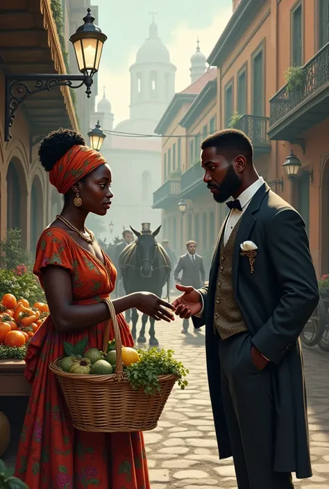 Create a black woman selling goods to a white gentleman in elegant attire, in an old-fashioned setting 