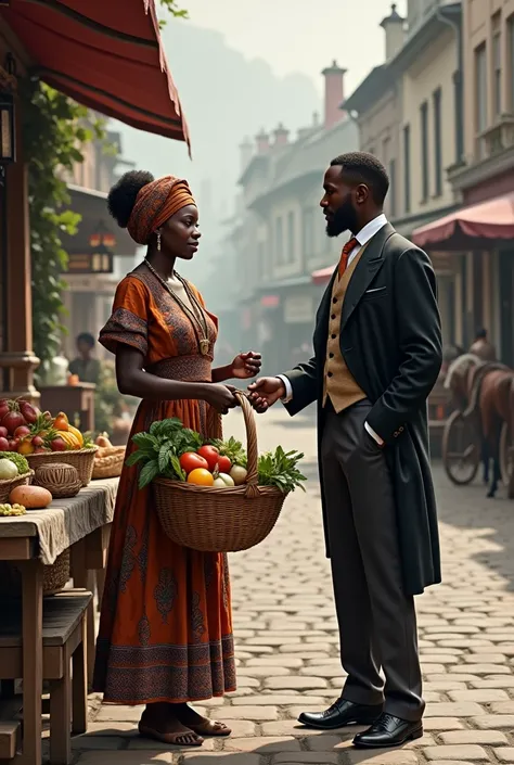 Create a black woman selling goods to a white gentleman in elegant attire, in an old-fashioned setting 