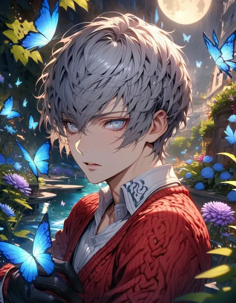 absurdres, highres, ultra detailed, HDR, masterpiece, extremely detailed, detailed eyes, detailed face, Sanada Akihiko, gray hair, short hair, short bangs, expressive dark gray eyes, Persona 3, solo, sexy man, sensual, handsome, adult face, white shirt, re...