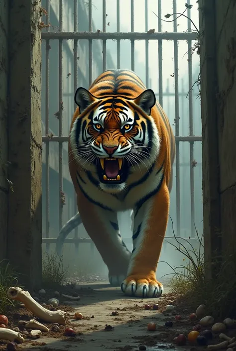 Draw a Hungry Tiger, trapped in an enclosure in an abandoned zoo in an apocalyptic future 