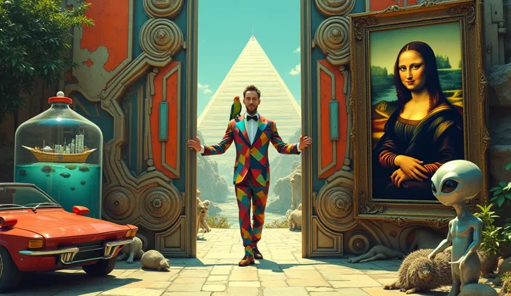 Un homme avec des vêtements futuristes pousse des deux mains des portes futuristes  avec des figures géométriques de couleurs différentes sur la porte et devant lui une pyramide avec de lherbe et des animaux ,le tout ressemblent à la peinture que jai publi...