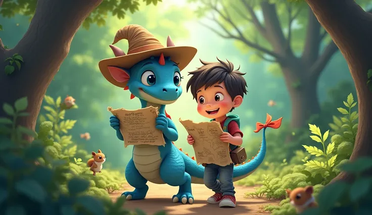 Sammy and the blue dragon walking together through the forest, looking at a map. The dragon should be kid friendly. The boy does not have a tail.