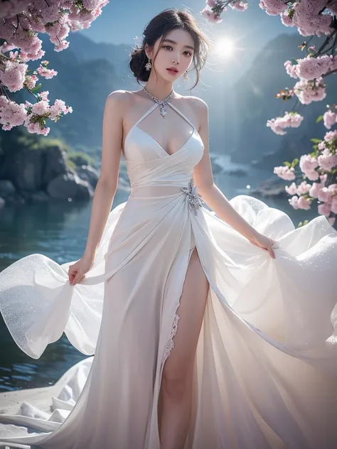 Romantic Rose White Dress 2, Deep in Wonderland，The moonlight falls like water，foggy room，The figure of the heroine is vaguely visible，Just like the fairy in the painting，Slender sexy legs，Very beautiful legs，Show sexy，Large Breasts，Beautiful with a hint o...