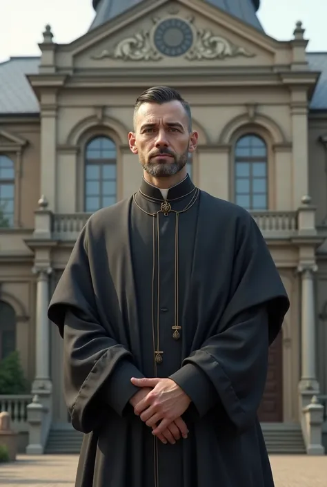 Priest with short hair and no beard outside a school 