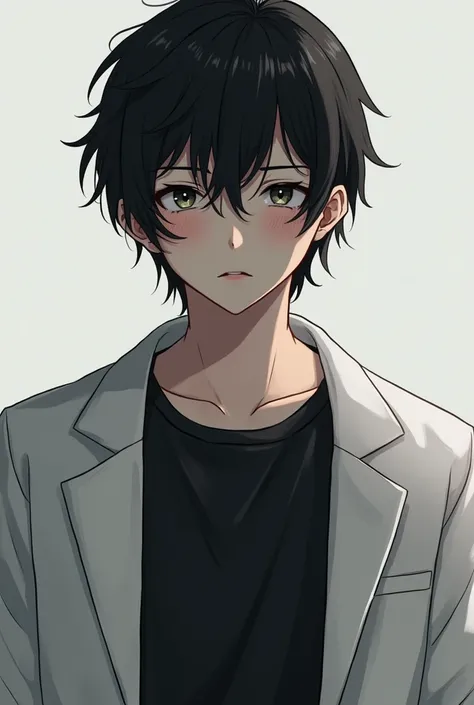 Boy with medium black hair wearing a black t-shirt with a white formal jacket 