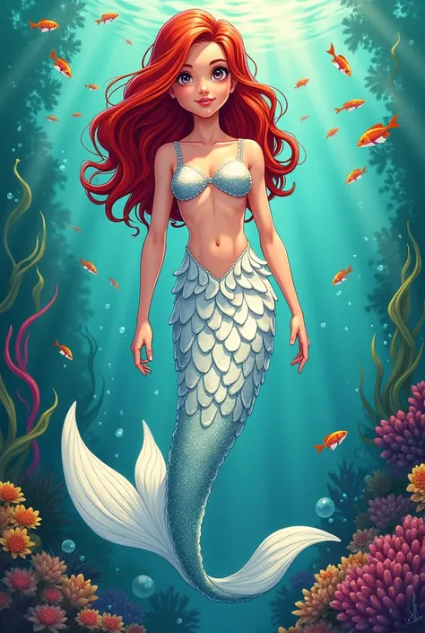 A little mermaid wearing white scales，Comics themed 