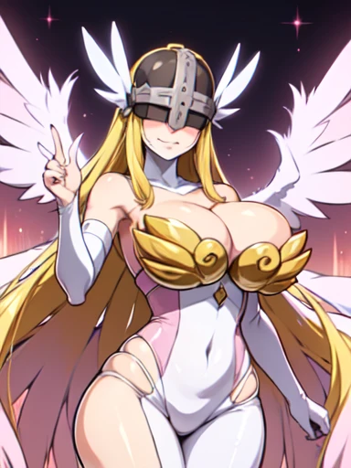 angewomon, (wearing a pink evening dress:1.4), blush on cheeks, smile, long hair, breasts, blonde hair, large breasts, huge breasts, bare shoulders, wings, o-ring, helmet, head wings, feathered wings, angel wings, white wings, covered eyes, multiple wings,...