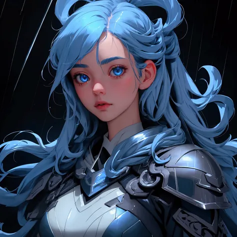 envision a 8k, highres, cinematic, beautiful close up portrait of a cute girl with blue hair, blue eyes, clear rain coat, black tight suit, fantasy armor, jrpg inspired armor, in dark lighting, against a dark gray background