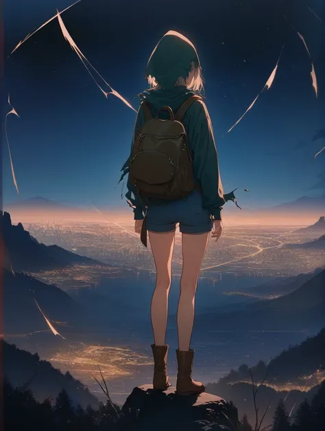 score_9, score_8_up, score_7_up, score_anime, masterpiece, top quality, delicate illustration, sharp lines, sharp focus, BREAK, a traveling girl wandering in the endless night world, the girl wears a hood and has a lot of stuff in her backpack, night , fan...