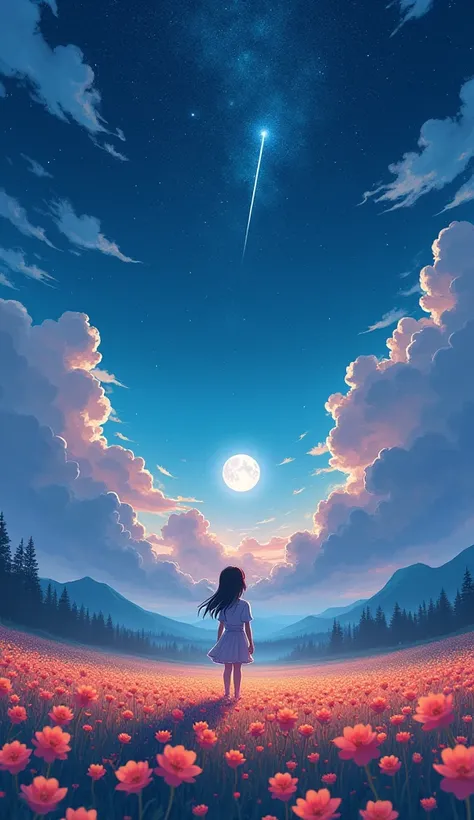 Makoto Shinkai, Vast landscape photography , (View from below，Shows the sky above and the open space below), A girl standing in a flower field looking up, (full moon:1.2), ( meteor:0.9), (Star Cloud:1.3), Fir Mountain, Treebreak Production Art, (Warm light...