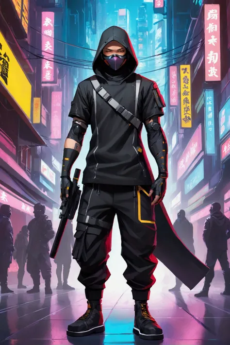 Asymmetrical cyberpunk streetwear, Oversized cyberpunk suit, streetwear and urban style t-shirt design, cyberpunk street henchman, cyberpunk wearing,  He wears futuristic cyberpunk style street clothes, Cyberpunk soldier of the future, Secret cyberpunk, xr...