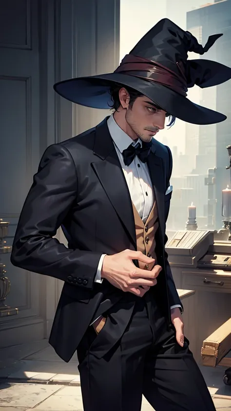 Handsome man in suit and witch
