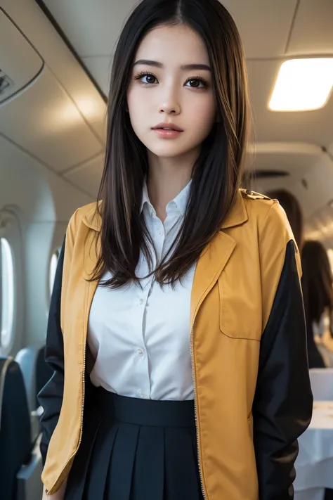 Glowing Skin, lips, Highly detailed skin, Beautiful face and eyes in every detail, Spotlight, Professional Lighting, (Upper Body:0.8), stewardess, Black Skirt, Jacket, Short shirt, Ko 123,