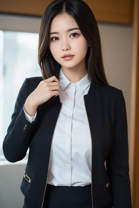 Glowing Skin, lips, Highly detailed skin, Beautiful face and eyes in every detail, Spotlight, Professional Lighting, (Upper Body:0.8), stewardess, Black Skirt, Jacket, Short shirt, Ko 123,