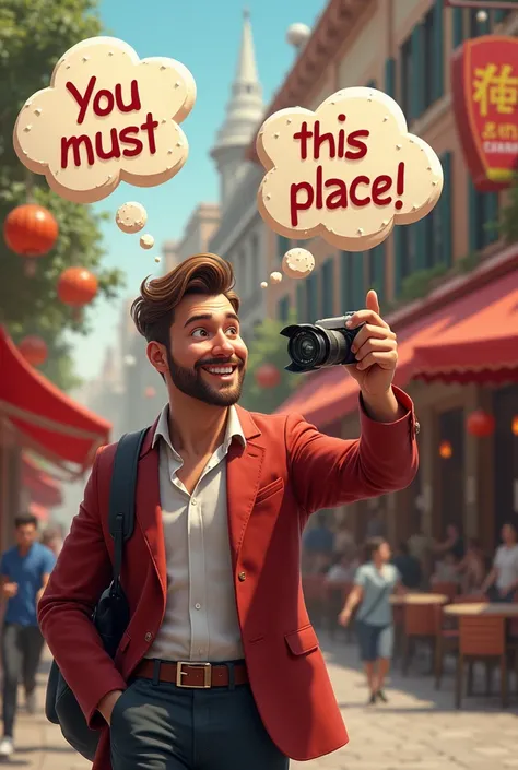 A picture of a tourist pointing at a famous restaurant, and in thought that says "You must visit this place!" 