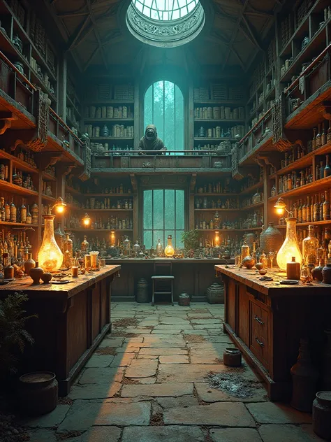 To create an alchemical laboratory. In a division of the south tower, a wizards workroom, clogged with retorts and alembics and round-bellied flasks with curved necks, furnaces with thick walls and small heating lamps, tenazes, foles, Bookcases, alicates, ...