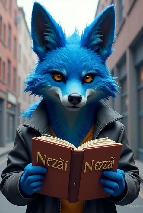 Coyote azul marino, powerful, with urban clothing and books that say NETZA in 3D