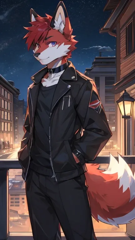 (Artist by zackary911, 8k, high quality, detailed eyes and fur, night, residents background), solo, male fox, anthro, red satured fur, red body, male body, purple eyes, black ears, red hair, short hair, hair cover eye, hands white, choker, eyeliner black, ...