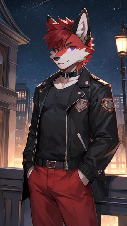 (Artist by zackary911, 8k, high quality, detailed eyes and fur, night, residents background), solo, male fox, anthro, red satured fur, red body, male body, purple eyes, black ears, red hair, short hair, hair cover eye, hands white, choker, eyeliner black, ...