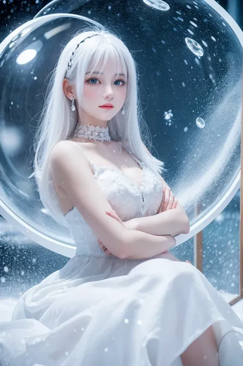 A girl with white hair and white dress sitting like a duck in a snow globe