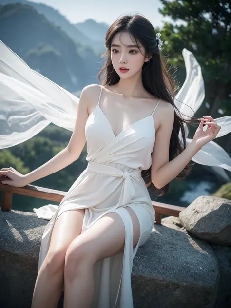 Romantic Rose White Dress 2, Deep in Wonderland，The moonlight falls like water，foggy room，The figure of the heroine is vaguely visible，Just like the fairy in the painting，Slender sexy legs，Very beautiful legs，Show sexy，Large Breasts，Beautiful with a hint o...