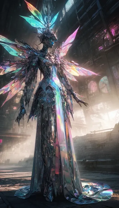 made of carved from pearl platinum crystal, beautiful spirit fairy queen, wearing armor robe, lots of transparent iridescent spirit fairies made of stained glass, background analyzer is fusion of (cyberpunk, clockpunk, dieselpunk and steampunk), the roofto...