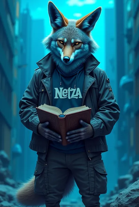 Coyote azul marino, strong, with book in hand and urban clothing that says NETZA