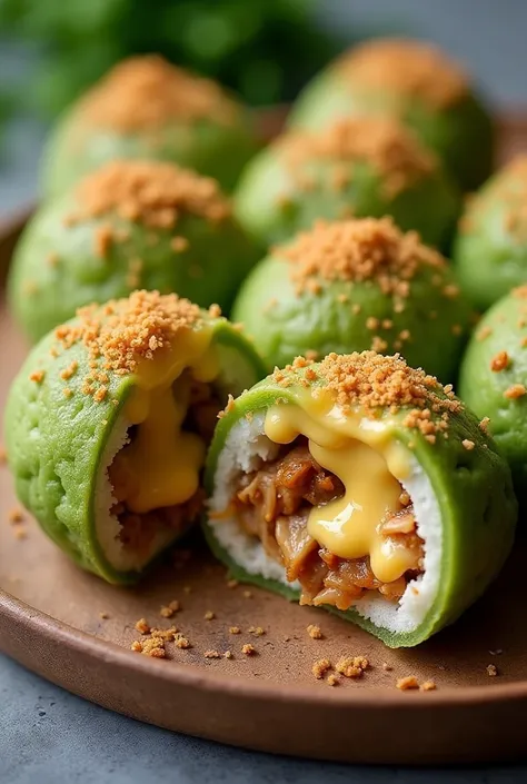 Glutineous balls color green with chicken adobo grated
and cheese filling inside and open cut to see the filling