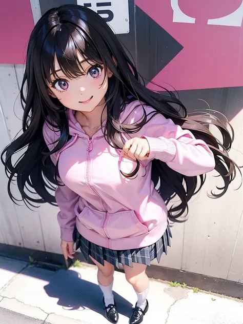 Girl, cute, adorable, full body, full breasts, smiling, straight hair, long hair, black hair, standing, from below, (outerwear is light pink hoodie in soft cotton fabric, long sleeves), (zip-up:1.2),
(inner wear is a white collared-shirt), (school uniform,...