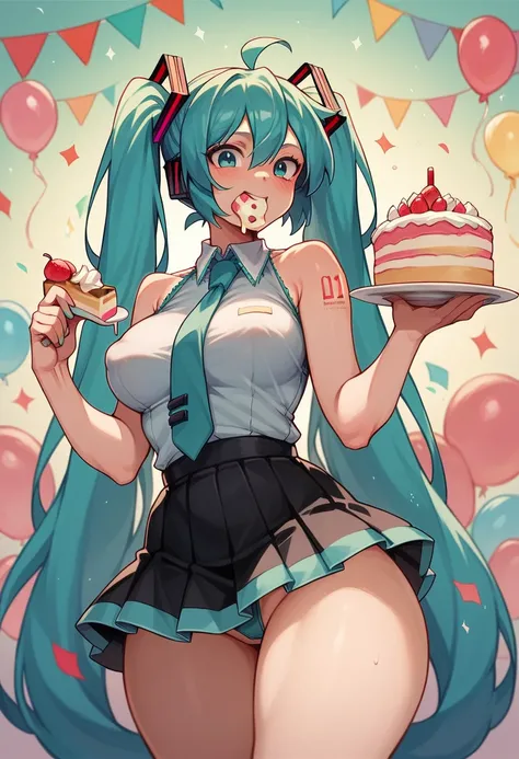 1girl, hatsune miku, in a birthday, big tits, covered tits, big thighs, g-string, tits with cake cream, eating cake, skirt 