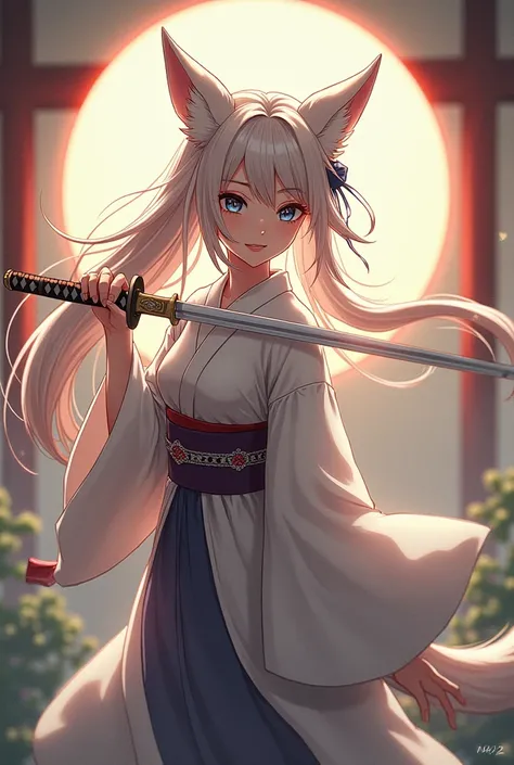 Anime girl with fox ears with sword and traditional kimono 
