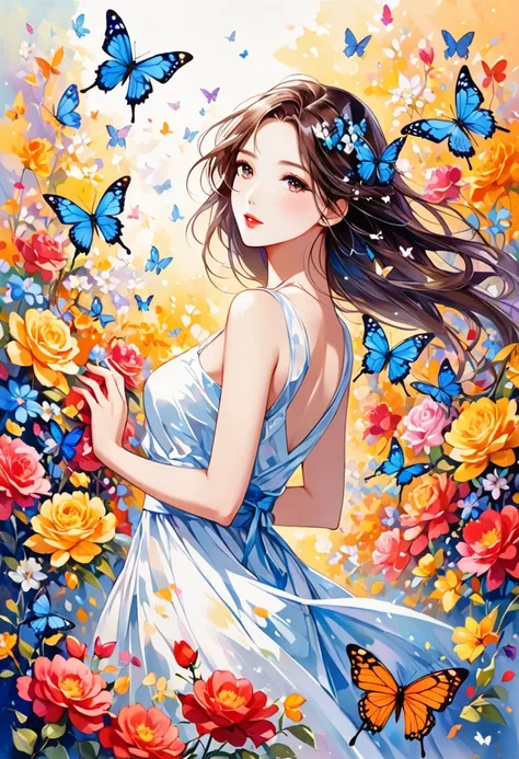 The most beautiful girl of all time、Lips in Love、Eyes in Love,Show upper body,Dance,flower、Abstract art、Artistic background,butterfly,Keep your clothes simple,Hands behind back