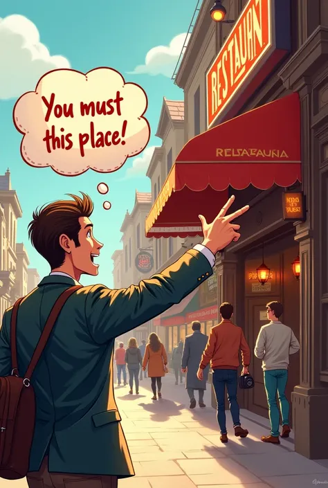 Image of a tourist pointing at a famous restaurant, and a thought that says  "You must visit this place!" 