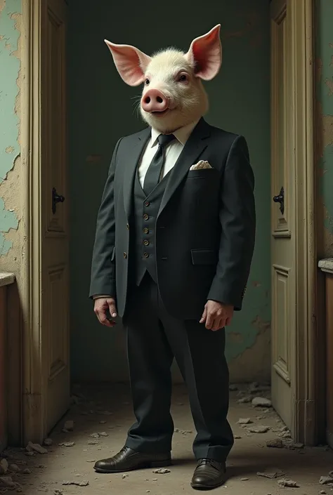 Man with a pig&#39;s head, elegant suit dress, in a run-down room 