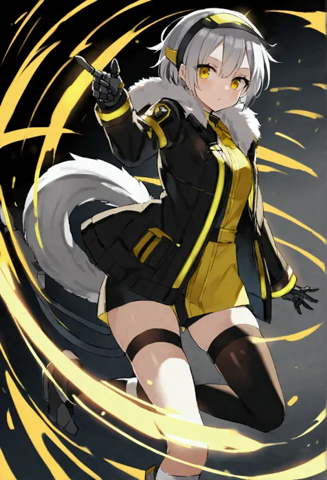 2d、Score 9、Score 8 up、Score 7 up、break、1 person、solo、svv、Grey Hair、Yellow Eyes、robot、visor、tail、Black jacket、Fur trim、Thigh-high socks