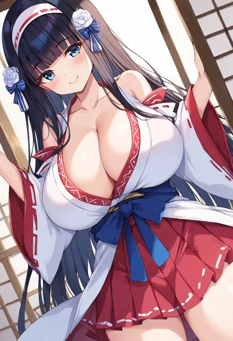 (8k, RAW photo, best quality, masterpiece:1.2) Girl in Japanese shrine maiden outfit, (Hime cut), (super long black hair),(((straight bangs, blunt bangs))),(White headband), Blue eyes, super long black hair, hair ornament, ribbon, smile, Showing her breast...