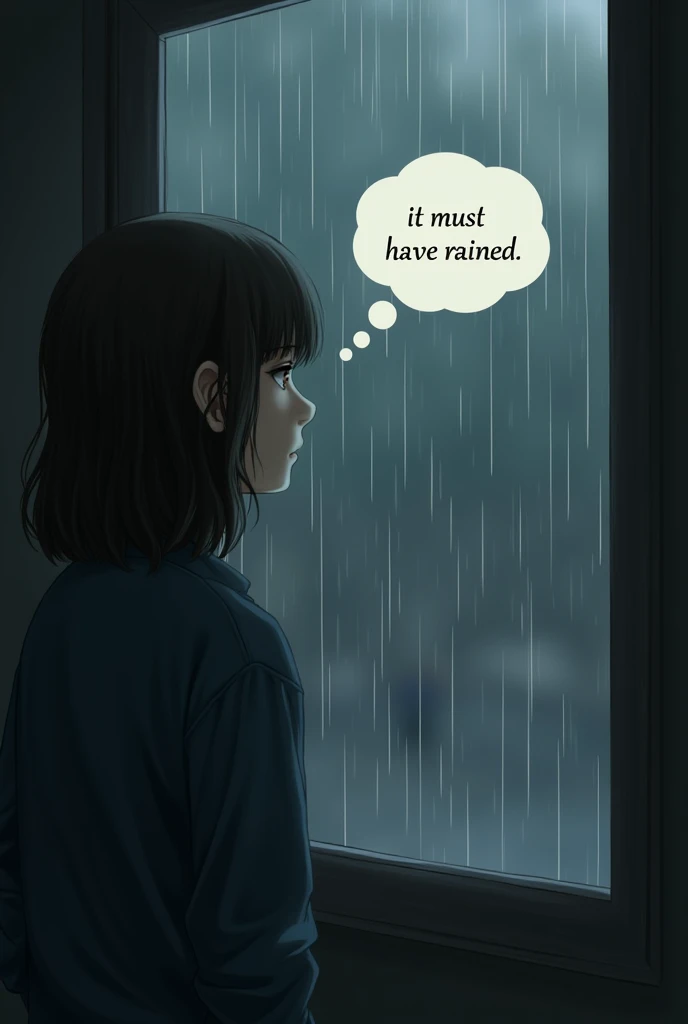 image of someone looking out a rain-fogged window from the side, with a thought that says  "It must have rained" The person might have a thoughtful expression