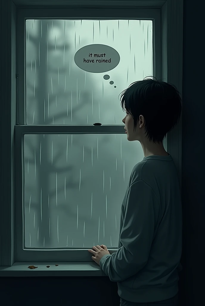 image of someone looking out a rain-fogged window from the side, with a thought that says  "It must have rained" The person might have a thoughtful expression