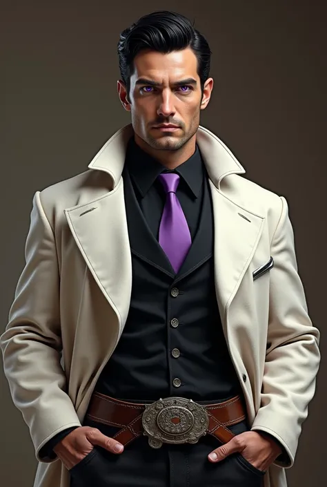 Western man without beard, black hair white coat with high collar black shirt,  white vest, purple tie with realistic purple eyes, revolver holster and a cutlass on the waist