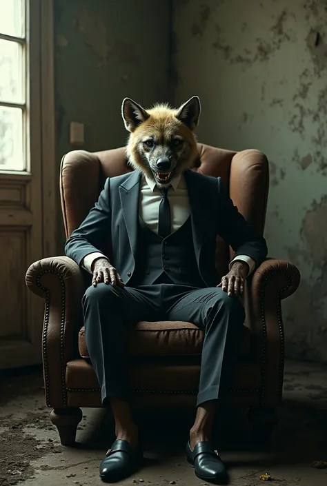 Man with hyena head, elegant suit dress, sitting in an old armchair in a run-down room.