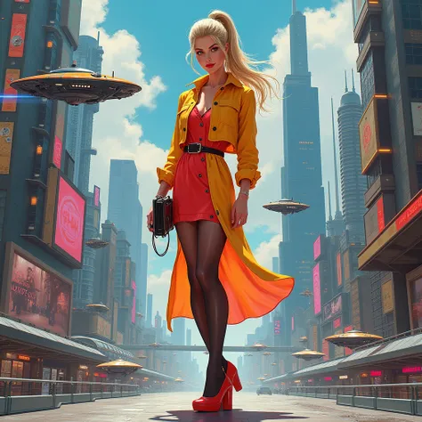 best quality acrylic illustration art style of a beautiful european woman, blonde HAIR, PONYTAIL, looking at the viewer, little smile, 80´S dress, jacket, glossy TIGHTS, wedge shoes, futuristic city scenario