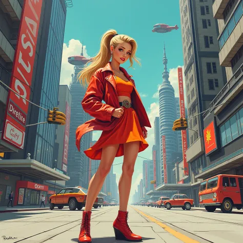 best quality acrylic illustration art style of a beautiful european woman, blonde HAIR, PONYTAIL, looking at the viewer, little smile, 80´S dress, jacket, glossy TIGHTS, wedge shoes, futuristic city scenario