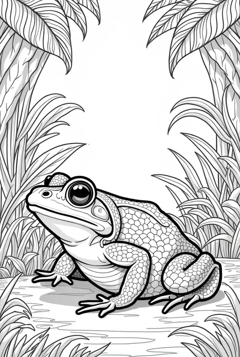 Black and white coloring book page of a toad in the jungle 